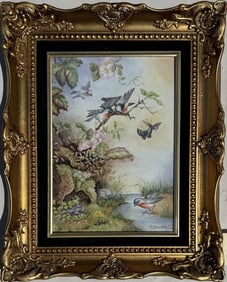 E. Schaefer, Porcelain Plaque, Birds & Butterflies