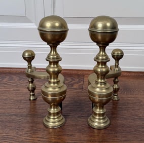 Pair Antique Boston Brass Andirons, Hunneman Style