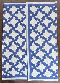 Near Pair Vintage Geometric Blue / White Quilts