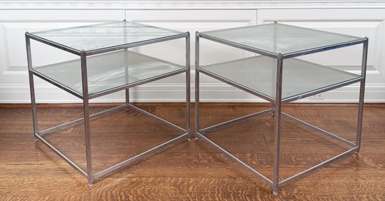 Pair MCM Steel & Glass Two Tier End Tables