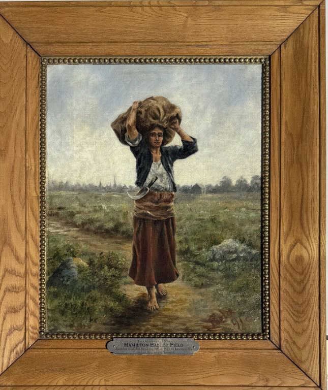 Field, O/C The Gleaner 1891: Hamilton Easter Field (Am. 1876-1922), signed and dated "Field '91 lower right. Frame size: 22 1/2" high, 19/12" wide. Sight 15 3/4" high, 12 3/4" wide. Slight stretcher line in canvas.