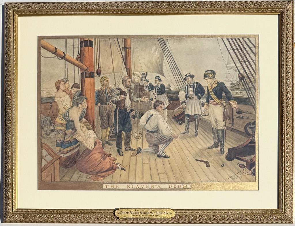 May, W/C The Slaver's Doom: Walter William May (Br. 1831-1896), signed "W. May Late Royal Navy" lower right. Frame Size: 20 1/2" high, 26 1/2" wide. Not examined out of frame.