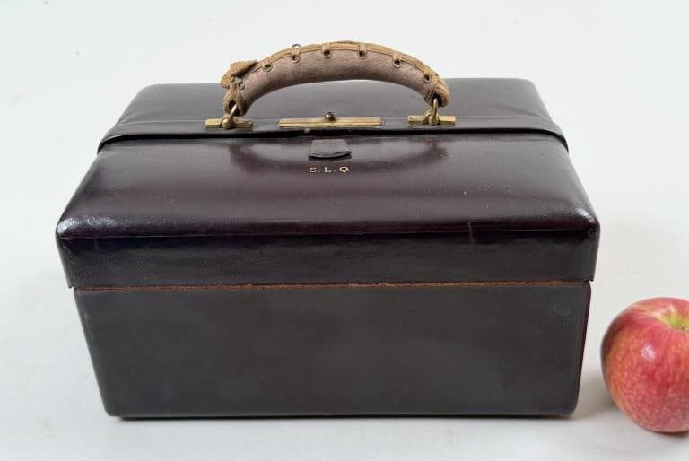 Vintage Ladies Travel Case, Original Cover: lacking interior items. 7" high, 12" wide, 9" deep.