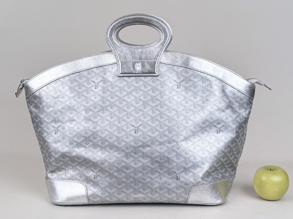 Goyard Beluga Goyardine MM Bag: overall approximately 16 1/4" high, 17" wide, 9" deep. Use wear, yellow drips, fading of design. Property from the Estate of Bobbie Hainline Howrey.