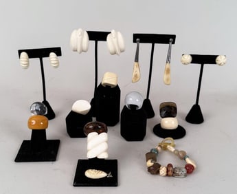 Group Mostly Carved Bone Rings & Earrings