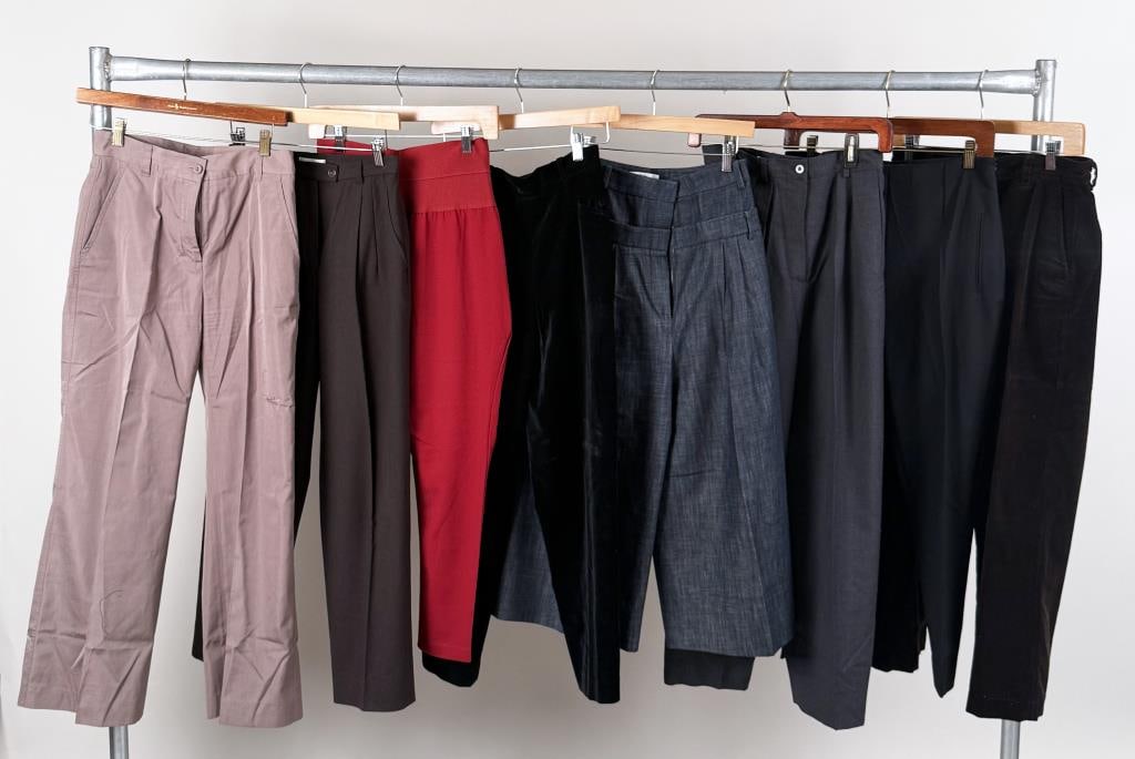 Group Eight Women's Designer Pants: includes Polo Ralph Lauren, Jason Wu, Tibi, Wathne, Shei, Grey and Gunext. Sizes 2,4, 26, 30, and 40. Wathne: 12 1/2" waist, approximate 26" inseam. Varying levels of use wear, as is. Property from th