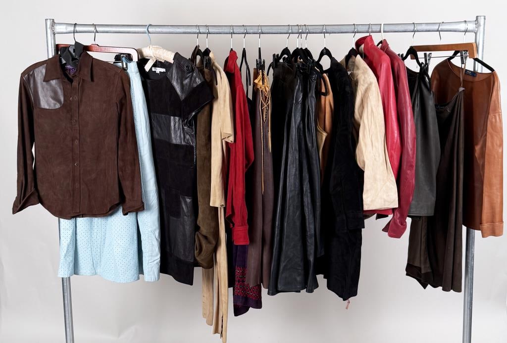 Nineteen Leather Women's Clothing Items: includes Lina Lee, Ralph Lauren, Polo by RL, Aldana, Lily Rubbin, etc. Sizes 2, 4, 42, and S. Varying levels of use wear, some odor from storage, as is. Property from the Estate of Bobbie Hainline How