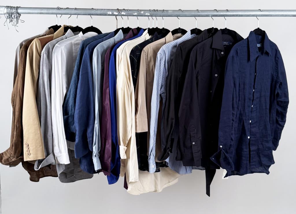 Group Eighteen Ralph Lauren Women's Shirts: gingham, flannel, wool, silk, linen in sizes XS, S, PP, 2, 4, 8. Varying levels of use wear, as is. Property from the Estate of Bobbie Hainline Howrey.