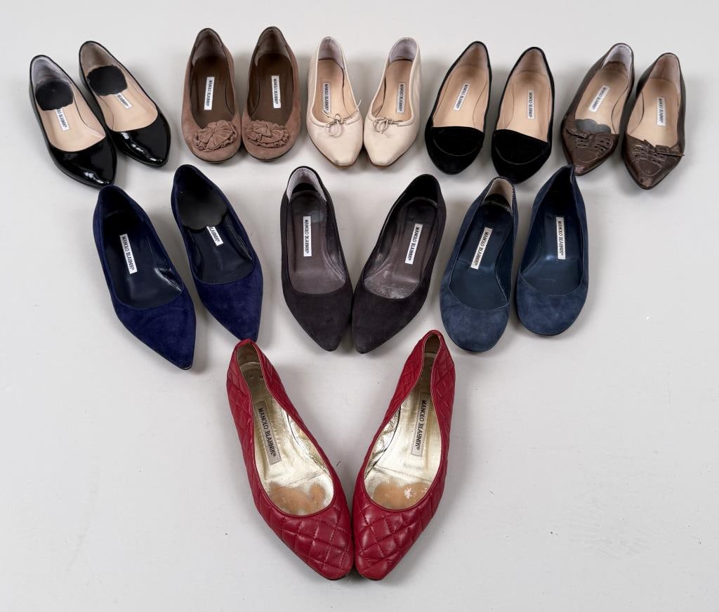 Five Pairs Manolo Blahnik Women's Shoes: includes patent, bronze color, red, leather, quilted, etc. All 35 except one pair 34 1/2. In varying levels of wear, some re-soled. Property from the Estate of Bobbie Hainline Howrey.