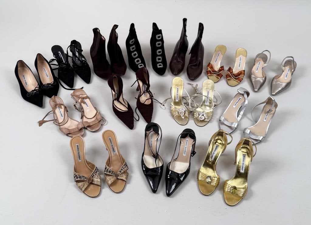 Thirteen Pairs Monolo Blahnik Women's Heels: includes sandals, boots with heel, high heel etc. Most appear to be size 35 (5 US). Varying use wear, some re-soled. Property from the Estate of Bobbie Hainline Howrey.