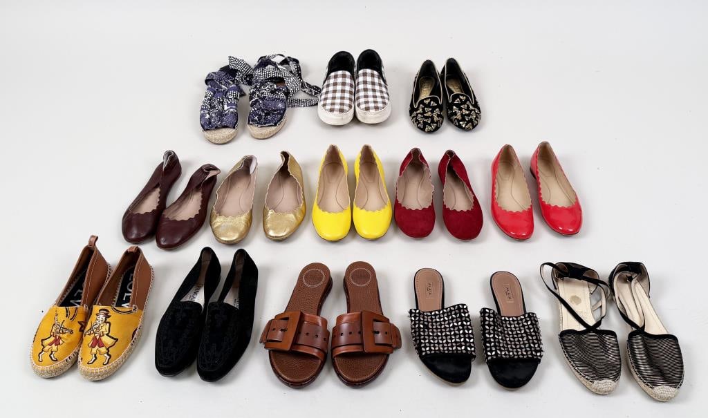 Group Thirteen Pairs Designer Women's Shoes: including Celine, Alaia, Chloe, Alexander McQueen, Jimmy Choo, Pancaldi and Loewe. Styles include espadrilles, sandals and loafers. Sizes: 5 (35 EU), 5 1/2. Use wear, some re-soled, as is. Property fr