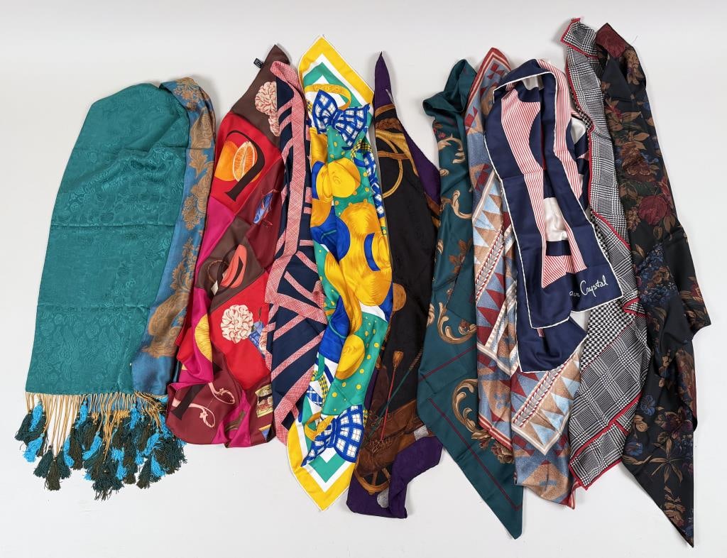 Group Ten Designer Silk Scarves: including Gucci, Ralph Lauren, Nina Ricci, Etro, Bill Blass, Club 27 Echo and David Crystal. Etro: 83" long, 19 1/2" wide. Most with make-up and other stains, some pulling to Etro. Property from the E