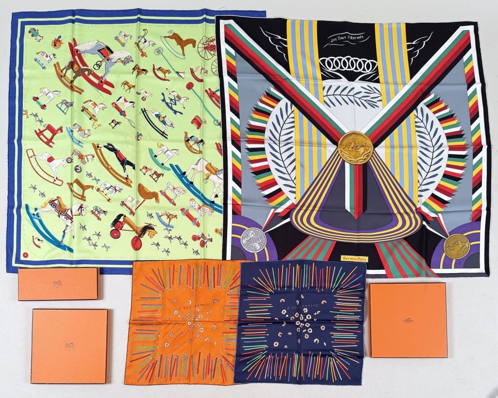 Group Four Hermes Silk Scarves / Accessories: scarves: Cheval a Bascule, Les Jeux D'Hermes pocket squares: two Crayons. Largest: 35" high, 35" wide. Both scarves with make-ups marks, wear to boxes. Property from the Estate of Bobbie Hainline Howr