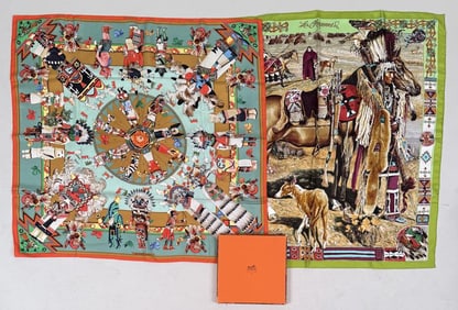 Two Hermes Silk Native American Theme Scarves