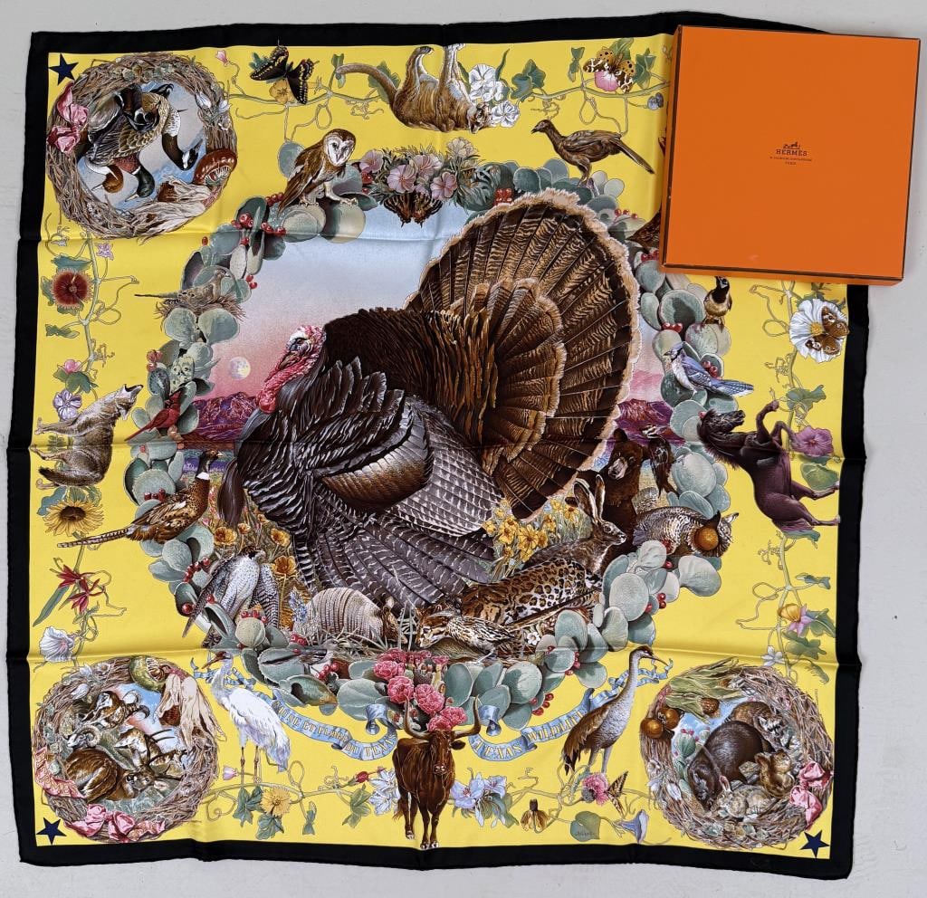 Hermes "Faune et Florre du Texas" Silk Scarf: designed by Kermit Oliver 1987: Hermes Commemorative Silk Scarf ''Faune et Florre du Texas'' . Approximately 35" high, 35" wide. Small, light stain. Property from the Estate of Bobbie Hainline Howrey.