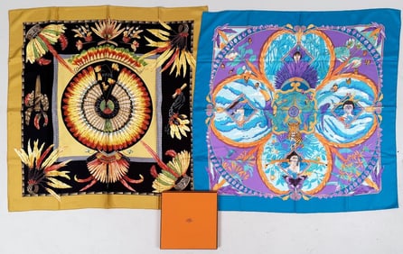 Two Hermes Brazil Theme Silk Scarves