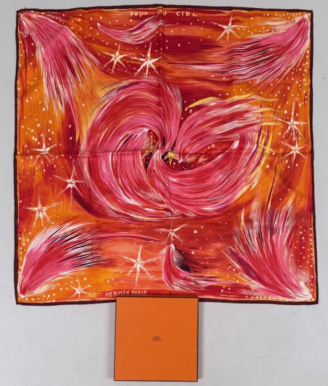 Herm?s "Feux du Ciel" Silk Scarf: designed by Kuwami Sefedin. 35" high, 35 3/8" wide. One thread loose on label tag. Property from the Estate of Bobbie Hainline Howrey.