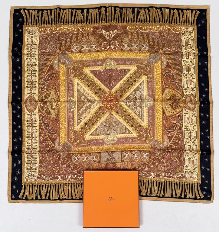 Hermes Silk Scarf, Sur Un Tapis Volant: designed by Annie Faivre. 35" high, 35 1/2" wide. Property from the Estate of Bobbie Hainline Howrey.
