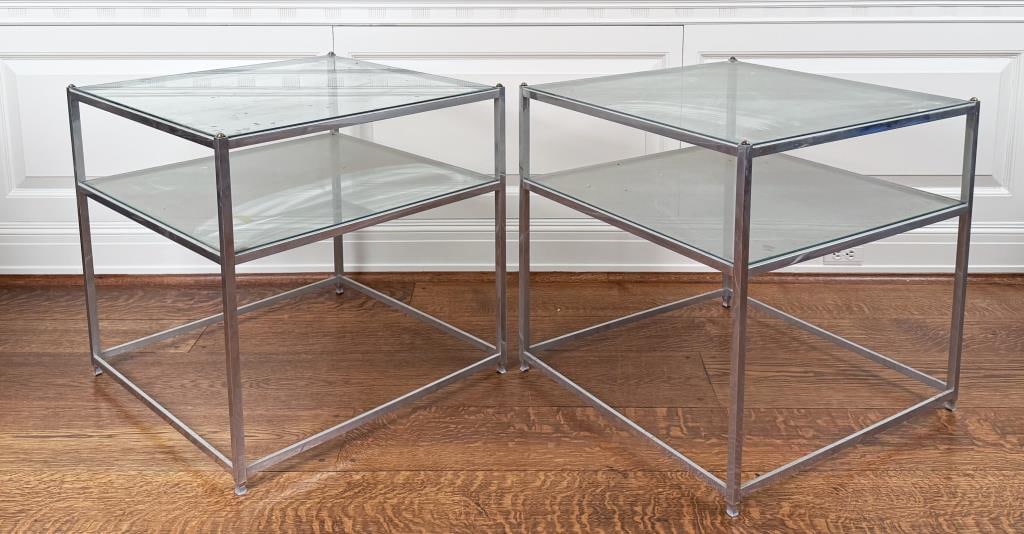 Pair MCM Steel & Glass Two Tier End Tables (1 of 5)