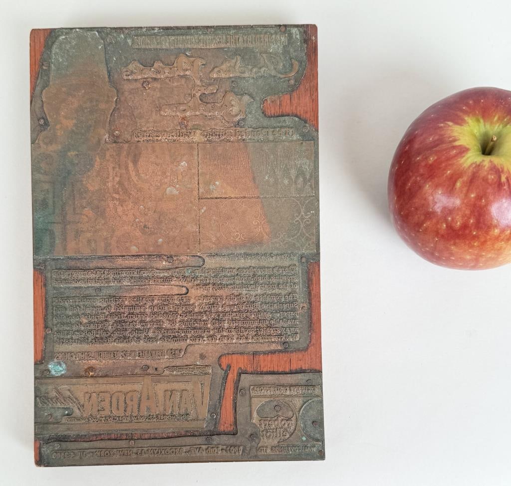 Van Arden Copper Book Plate: "India Print on Burlon...wallcoverings". 7 3/4" high, 5 1/8" wide, 7/8" deep. Age and use wear.