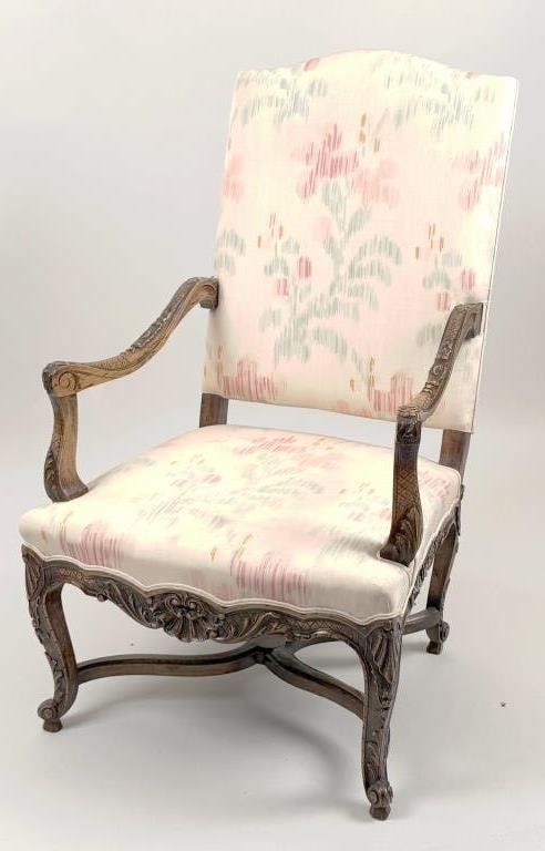Louis XV Upholstered Fauteuil: 44" high, 27" wide, 23" deep; seat height: 16" high. Expected age and use wear.
