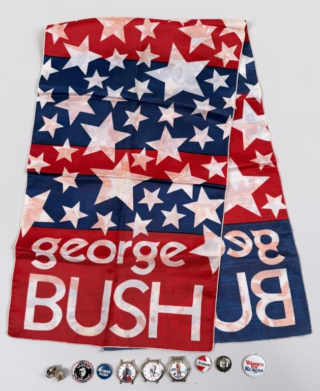 Group Mostly Republican Political Memorabilia: including Spiro Agnew, Landon, Reagan, George Bush, Goldwater, etc. Pins, watches and Scarf. Scarf: 36" long, 14" wide. As found condition, wear, scarf with holes, bleeding; watches not tested, not gu