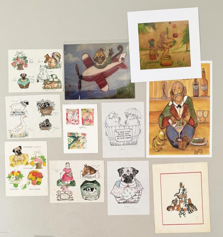 Voyentzie, Group W/C Miniatures: Diane Voyentzie, folio of works including eight originals. Largest: 19" high, 13" wide. Soiling.