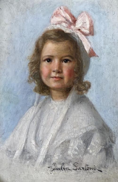 Sartoni, O/B Portrait of Girl: Giulia Sartoni (Italian,19th/20th century), young girl with bow in her hair. Frame size: 9 3/4" high, 7 1/2" wide.