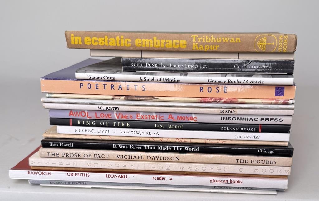 Estate Group Signed Soft Bound Books: comprising 19 volumes, including: Fast, Poetry signed, JM & JD. Poetraits, Rose, signed, Rose. Visible Shivers by Tom Raworth signed, Tom. The Twelve Other Poems by Aleksandr Blok, translated by Ansel