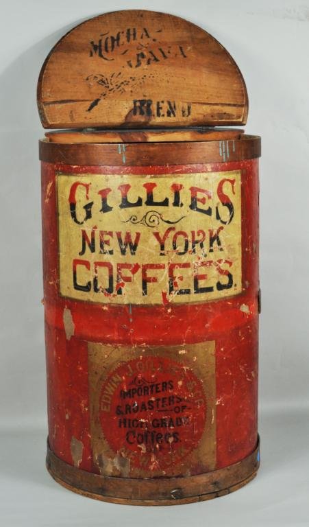 Gillie's General Store Coffee Bin with Lid: "Gillies New York Coffees" general store coffee bin, 19th C., with hinged lid and stenciled lettering. 24 1/2" high, 16 1/2" diameter. Condition: soiling, scratches, losses.