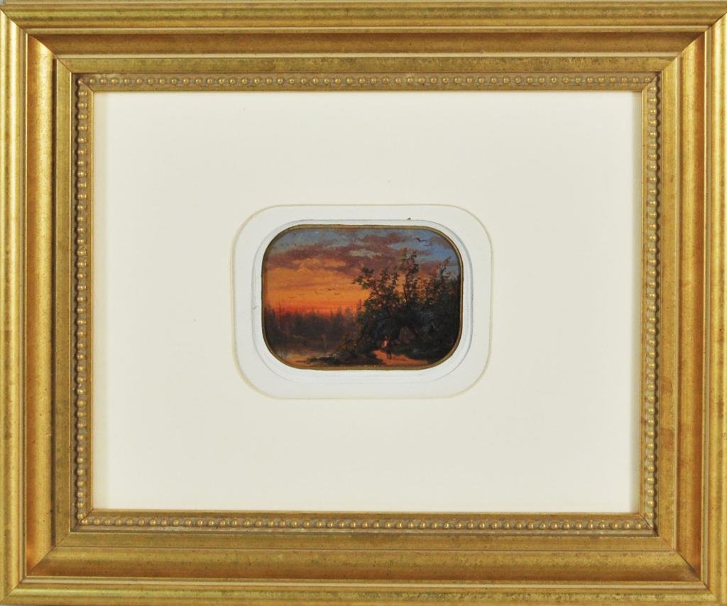 Hudson River School, Oil on Board: Hudson River School, 19th C. "Figure at Waters' Edge" oil on board, unsigned. Sight size: 2 3/8" high, 3 3/8" wide; frame size: 10 1/2" high, 12 1/2" wide.