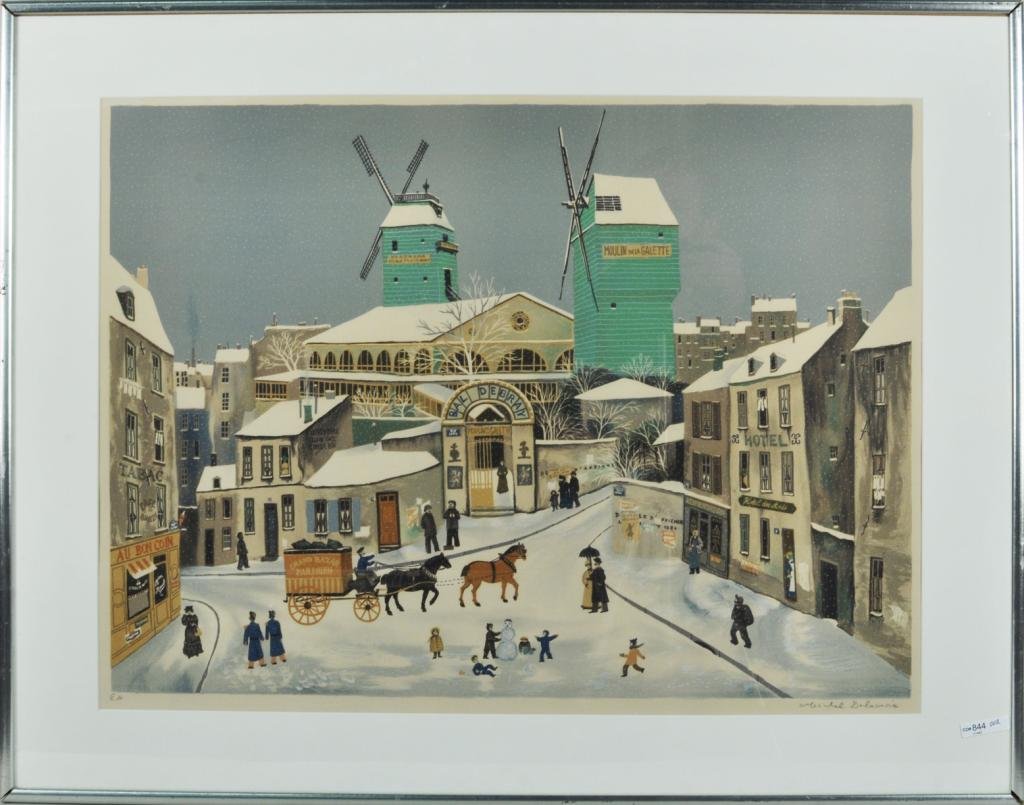 Michel Delacroix, Framed Lithograph: Michel Delacroix framed lithograph of Parisian winter scene, 20th C., signed lower right "Michel Delacroix." 29" high, 37" wide; sight size: 22" high, 29" wide.