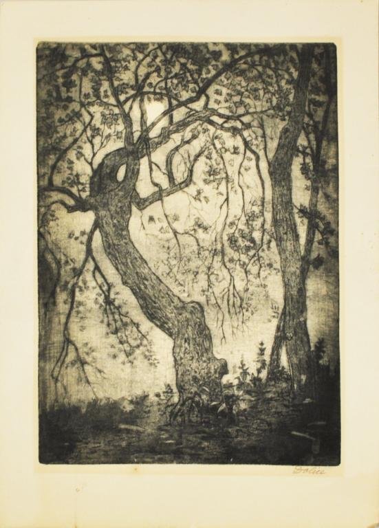 Leon Dolice, "Trees" Etching: Leon Dolice (Amer. 1892-1960), "Trees" etching, signed in pencil lower right "Dolice". Plate: 11" high, 7 3/4" wide, sheet: 13 3/4" high, 10" wide. Condition: toning, foxing in margin