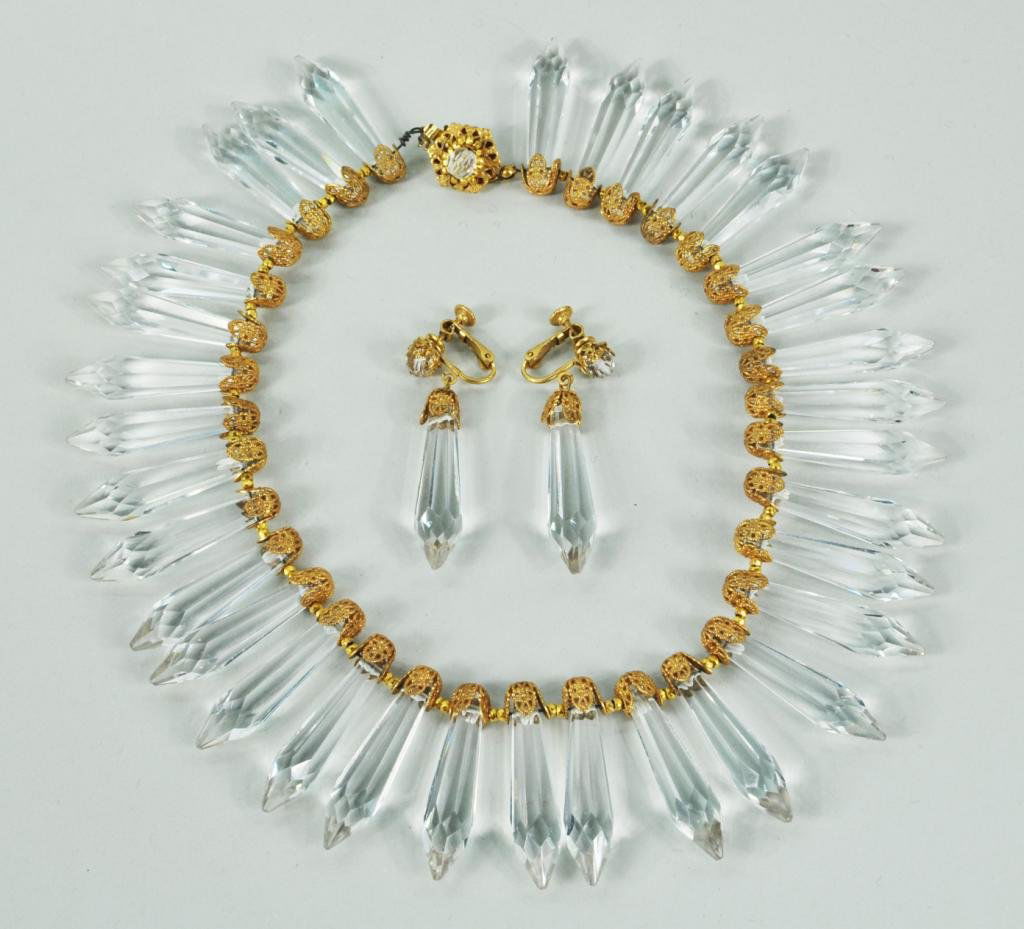 Miriam Haskell Costume Jewelry Necklace & Earrings: Miriam Haskell costume jewelry faceted crystal drop necklace and earrings, 20th C., clasp stamped Miriam Haskell, earrings stamped Haskell. Necklace: 15" long, 1 3/4" wide; earrings: 2 1/4" long, 3/8"