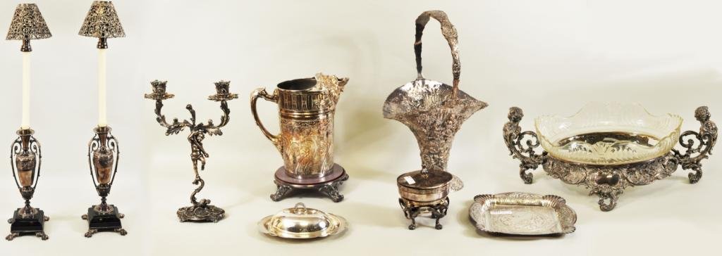 Large Group Fine Silver Plate Items: Large group of silver plate items comprising: Victorian silver plate centerpiece bowl, 19th C., with cut glass insert flanked by angels on acanthus scroll form feet, base with pierced and repousse flo