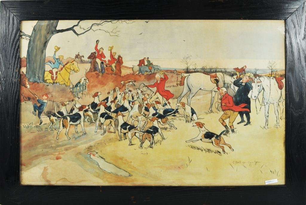 C. Hall, Framed Watercoler Hunt Scene: C. Hall, framed watercolor hunt scene, 20th C., after Cecil Aldin, depicting a group of riders and hounds, signed lower right "C. Hall after Cecil Aldin." 29 1/4" high, 43 1/2" wide; sight size: 23 1/