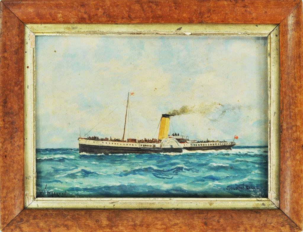 Marine Painting, Steamship "Golden Eagle": Paddle Steamer "Golden Eagle" at sea on a fair day. Oil on card, signed lower left "L. W. Martin", titled lower right. Possibly late 19th century in birdseye maple frame. Sight: 9" high, 12" wide The 