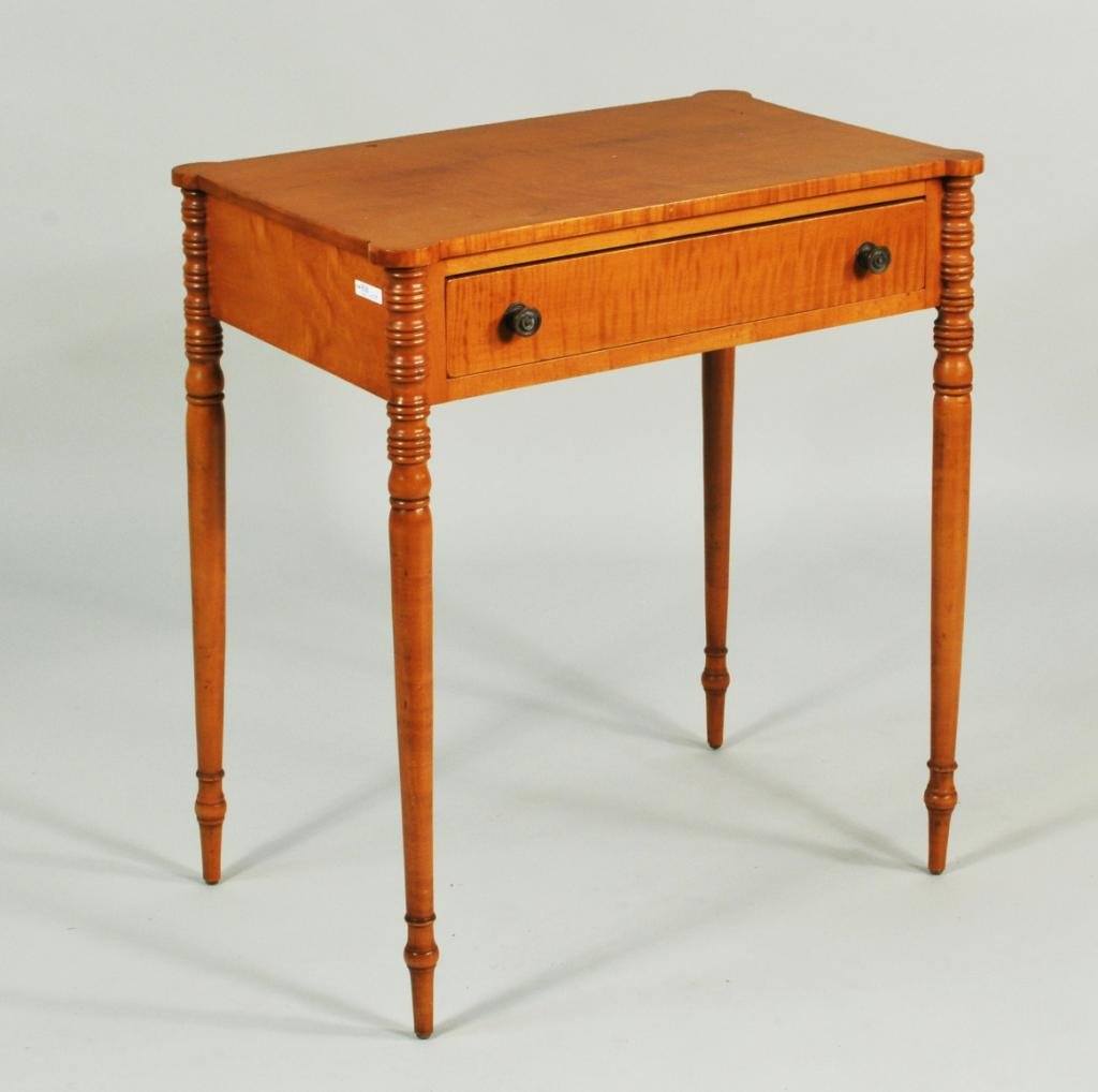 Country Sheraton Maple One Drawer Table: Country Sheraton maple one drawer table, with cookie corner top and ball and ring turned legs, 19th C. 28 3/4" high, 25 3/4" wide, 16 1/2" deep