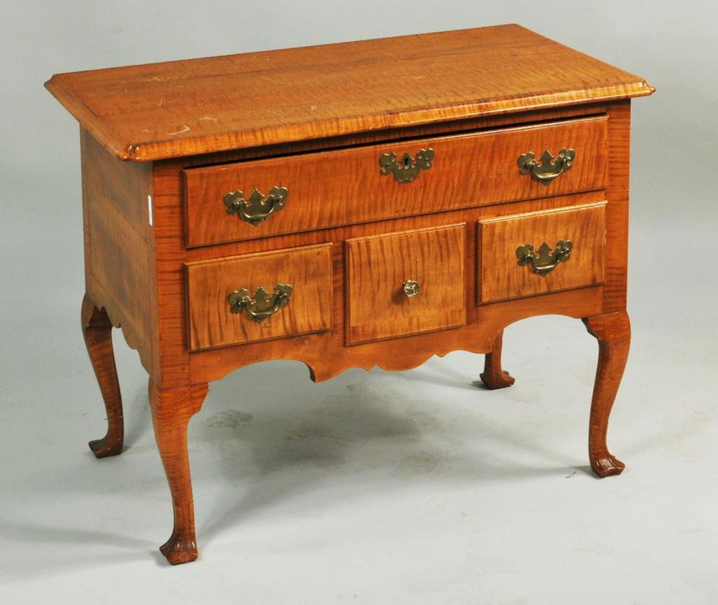 Benchmade Chippendale Style Tiger Maple Lowboy: Bench made Chippendale style tiger maple lowboy, with thumb molded top, one drawer over three drawer construction and trifid feet, 20th C. 27 1/2" high, 34 1/2" wide, 20" deep.