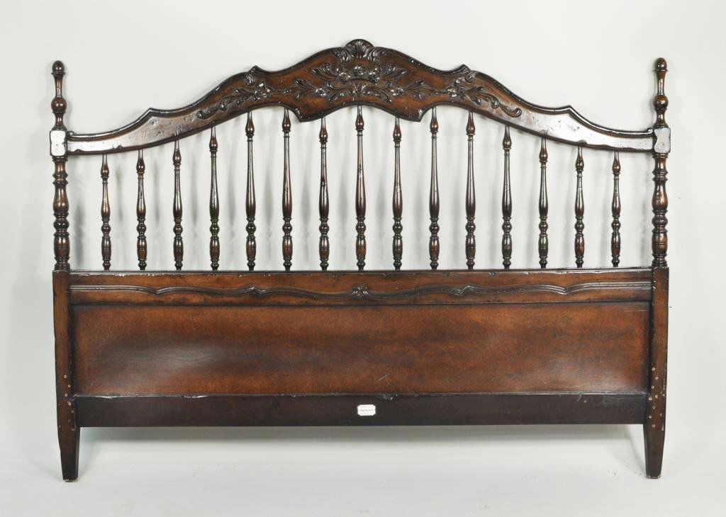 French Provincial Style Spindle Form Headboard: French provincial style spindle turned king size headboard in dark stained finish, 20th C. 50 3/4" high, 70" wide, 2" deep