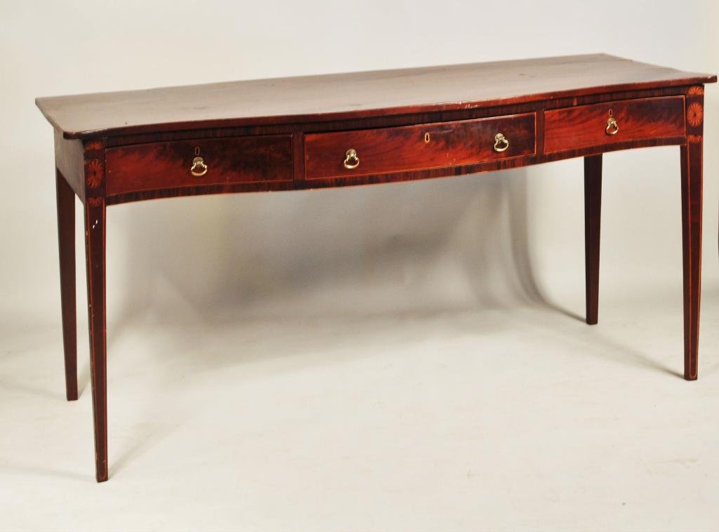George III Satinwood Serpentine Table: George III satinwood and inlaid mahogany serpentine table, with serpentine front, three frieze drawers, stringing and fan inlays; raised on square tapering legs, early 19th C. 35 3/4" high, 70 3/4" wi
