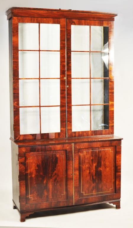 Victorian Faux Rosewood Glazed Two-Part Cabinet: Late Victorian faux rosewood two-part cabinet, the upper section with flat cornice above two glazed doors; the lower section with a pair of brass inlaid cupboard doors, on bracket feet, late 19th C. 9