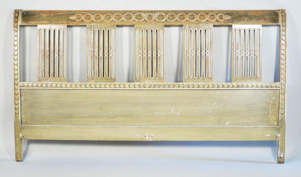 French Directoire Style Carved & Painted Headboard: French Directoire style carved and painted headboard, 20th C. 45" high, 79 3/4" wide, 1 1/2" deep. Condition: paint wear, loss
