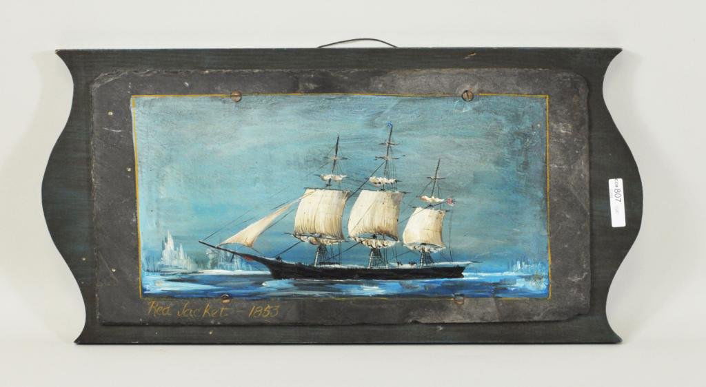 Folk Art Marine Oil Painting on Slate: Folk art marine oil painting on slate, 20th C, "Red Jacket 1853", unsigned, mounted on board. 10 3/4" high, 22" wide
