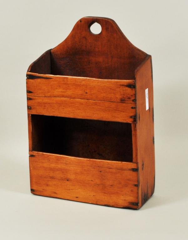 Primitive Pine Hanging Wall Box: Primitive pine hanging wall box, 19th C.. 15" high, 9 1/2" wide. Condition: extensive use wear, stains, age cracks.