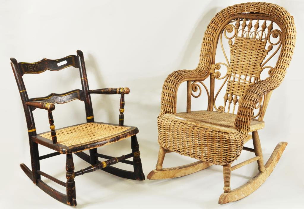 Two Child's Rockers, c. 1900: Two child's rockers, c. 1900, comprising a stenciled chair with caned seat and a wicker chair. 21" high, 14" wide; 28" high, 17 1/2" wide. Condition: paint wear, loss, replaced caning, wicker chair wi