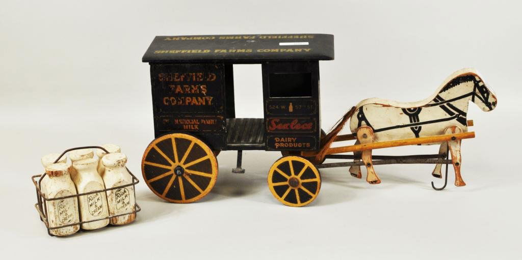 Tin Toy Mechanical Horse Drawn Milk Wagon