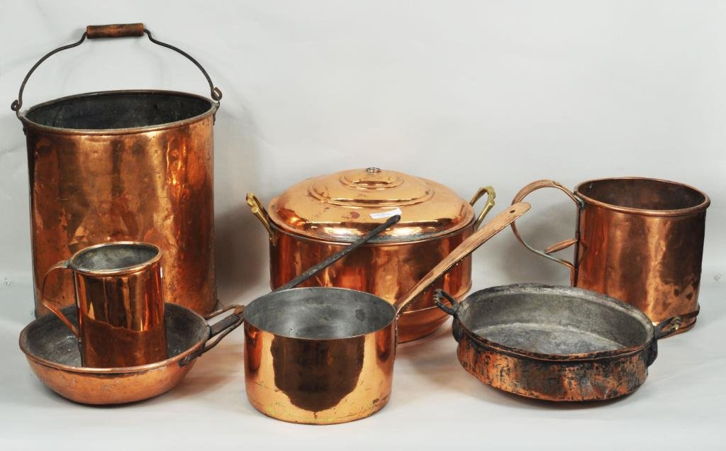 Seven Copper Kitchen Related Items: Seven copper kitchen related items, 19th/20th C., including two copper measures, two saucepans, a large handled bucket and other items. Largest: 20 1/2" high, 11 1/2" diameter; smallest: 6 3/4" high, 