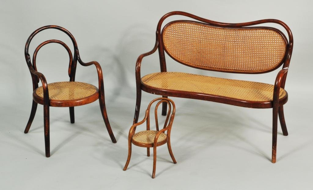 Group Three Thonet-Style Children's Items: Group of three Thonet-style children's items, comprising a settee, armchair, and doll's armchair, late 19th, early 20th C. Largest: 26" high, 31" wide, 15" deep; smallest: 12 1/2" high, 7 3/4" wide, 1