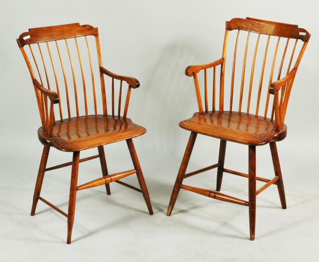 Pair Stepdown Windsor Armchairs: Pair of stepdown Windsor armchairs, with shaped arm rests and triple grooved seats, 19th C. Each 35 3/4" high, 19 1/4" wide, 20" deep